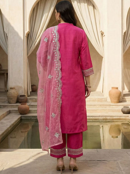 Dhiyona Women's Ethnic Motifs Embroidered Regular Thread Work Kurta with Trousers & With Dupatta