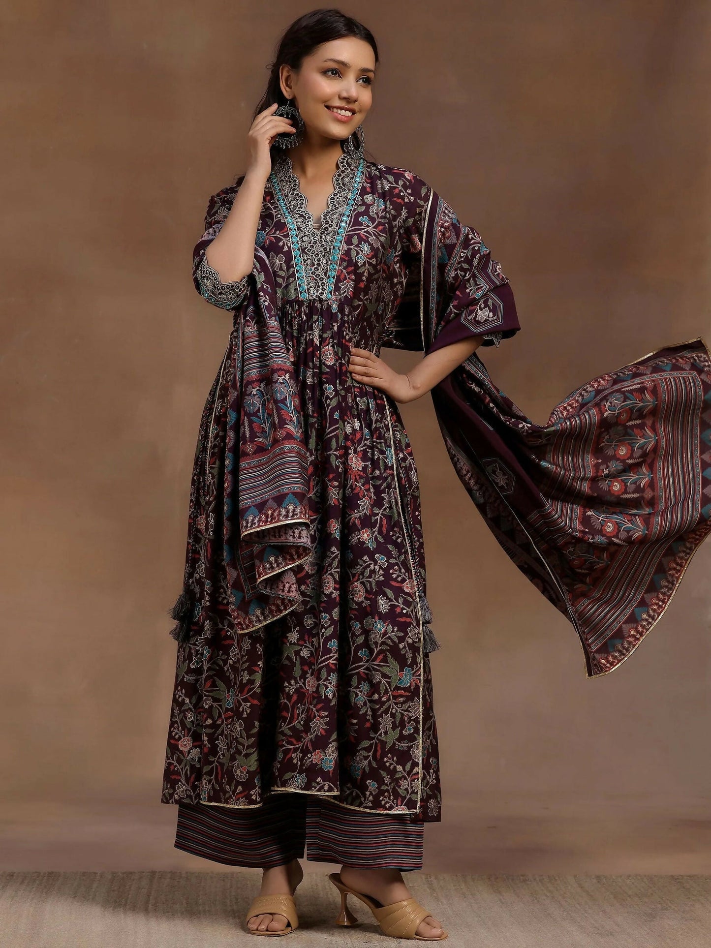 Women's LB Burgundy Printed Silk Blend A-Line Kurta With Palazzos & Dupatta