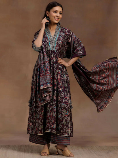 Women's LB Burgundy Printed Silk Blend A-Line Kurta With Palazzos & Dupatta