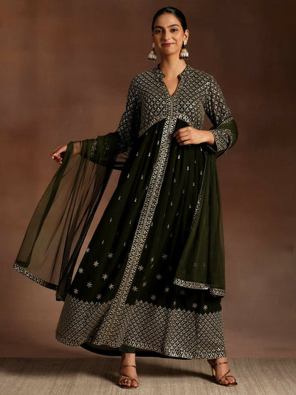 Women's LB Chandni Olive Embroidered Georgette A-Line Kurta With Trousers & Dupatta