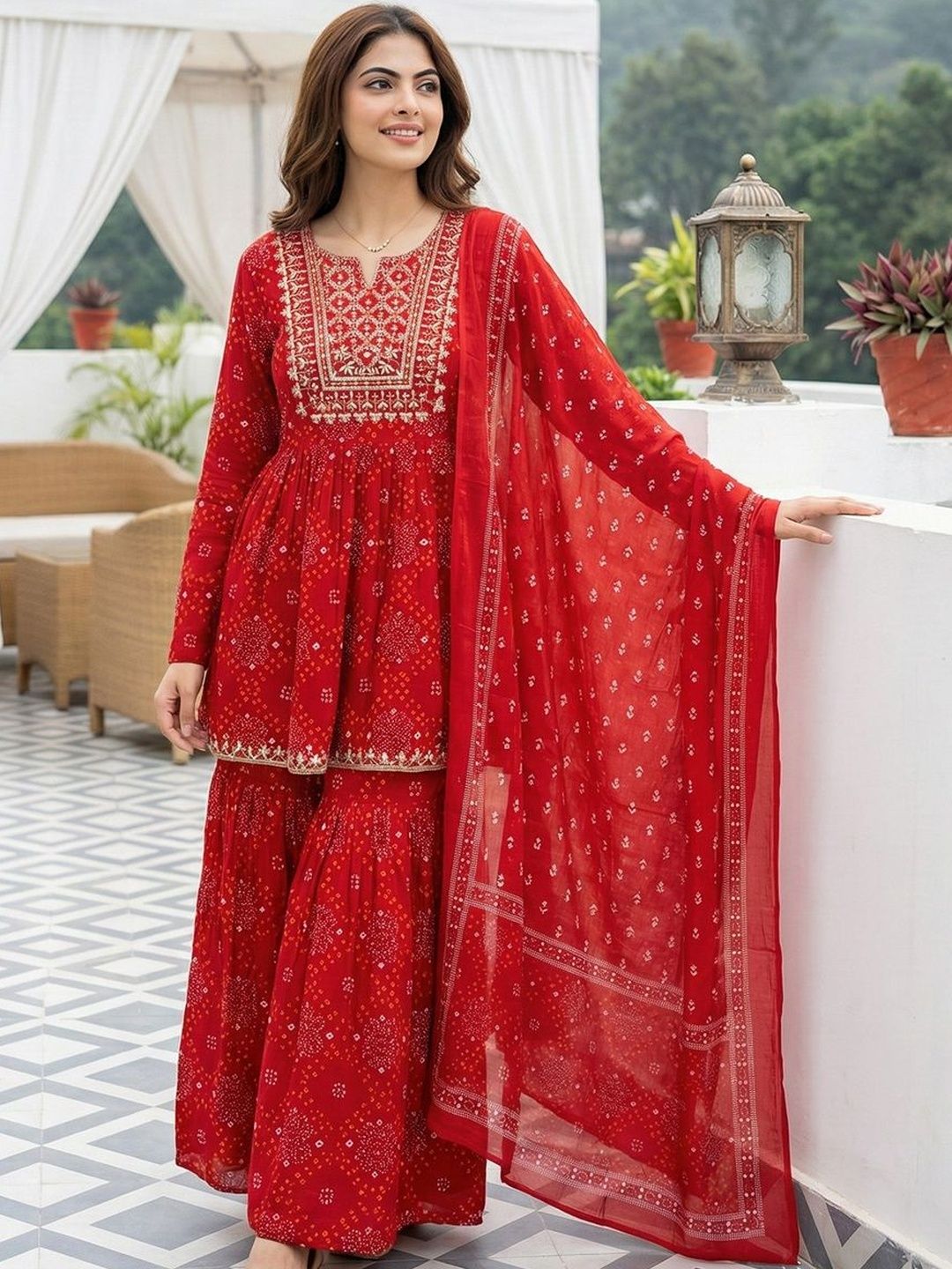 Dhiyona AN Women Ethnic Motifs Printed Empire Thread Work Pure Cotton Kurta with Sharara & With Dupatta