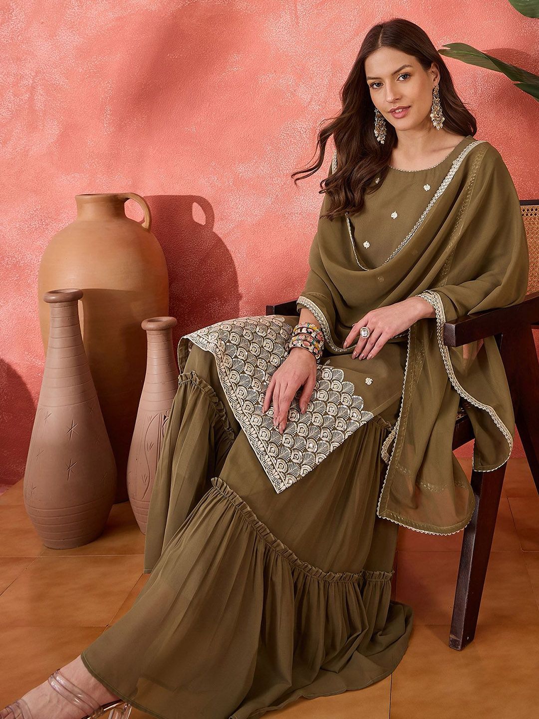 Dhiyona SN Ethnic Motifs Embroidered Straight Kurta & Sharara With Dupatta