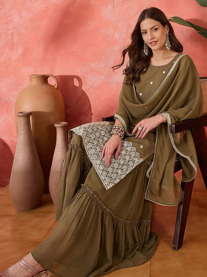 Dhiyona SN Ethnic Motifs Embroidered Straight Kurta & Sharara With Dupatta