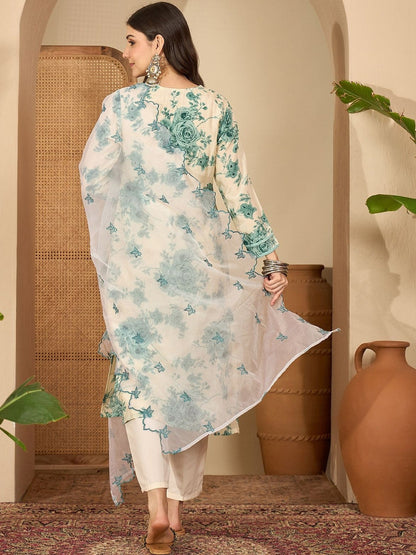 Women Floral Printed Regular Organza Kurta with Trousers And Embroidered Dupatta