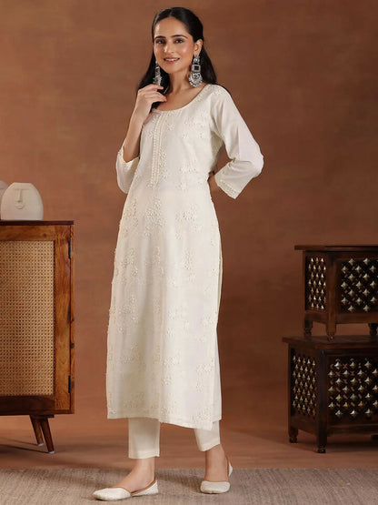 Women's LB Off White Embroidered Cotton Straight Suit With Dupatta