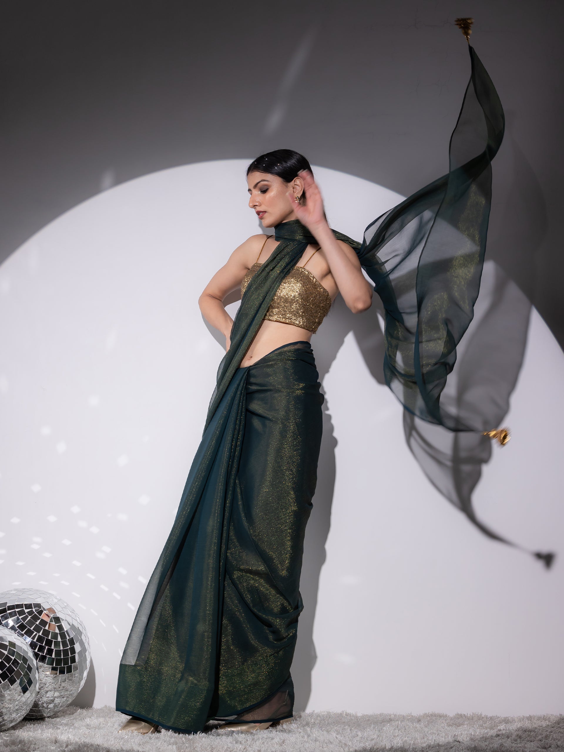 Dhiyona ST SET | Henna Shimmer & Shine Chiffon Saree with Gold Sequin Bustier - 2 Piece