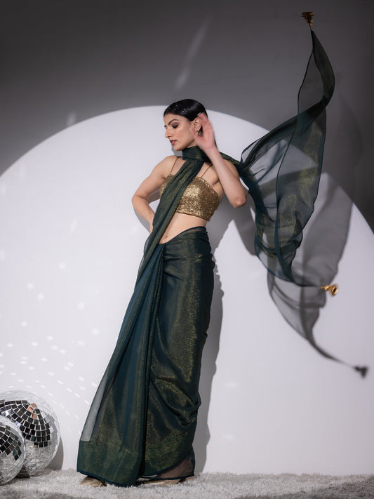 Dhiyona ST SET | Henna Shimmer & Shine Chiffon Saree with Gold Sequin Bustier - 2 Piece