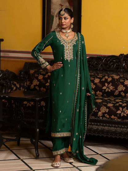 Dhiyona CH Floral Embroidered Sequinned Straight Kurta With Trousers & Dupatta