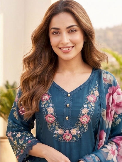 Teal Women Floral Embroidered Regular Thread Work Pure Cotton Kurta with Trousers & With Dupatta