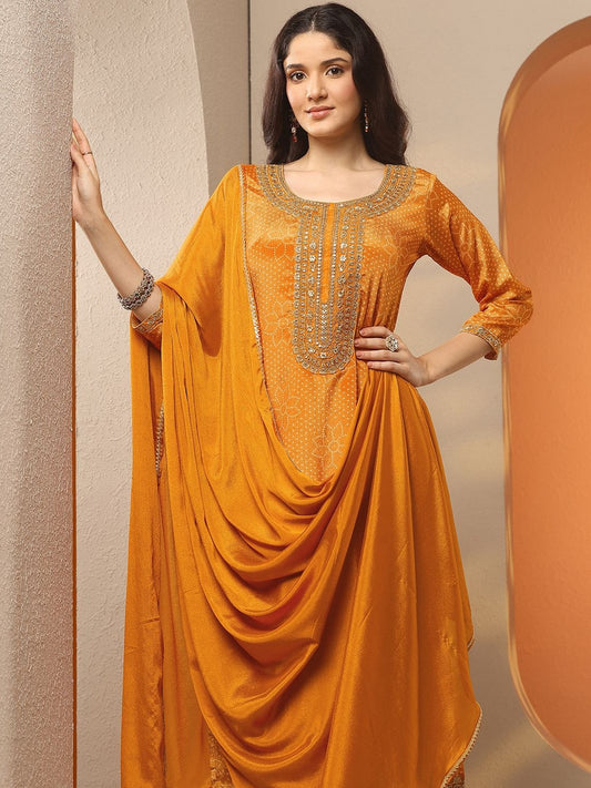 Ethnic Motifs Embroidered Yoke Design Zari Kurta With Trousers & Dupatta