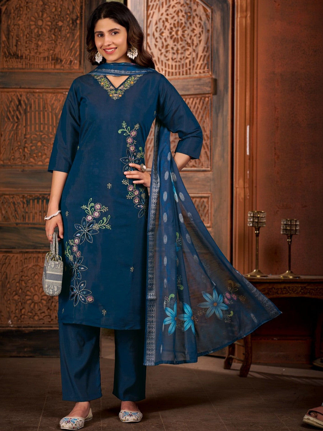 Quirky Embroidered Silk Blend V-Neck Kurti & Trousers With Dupatta