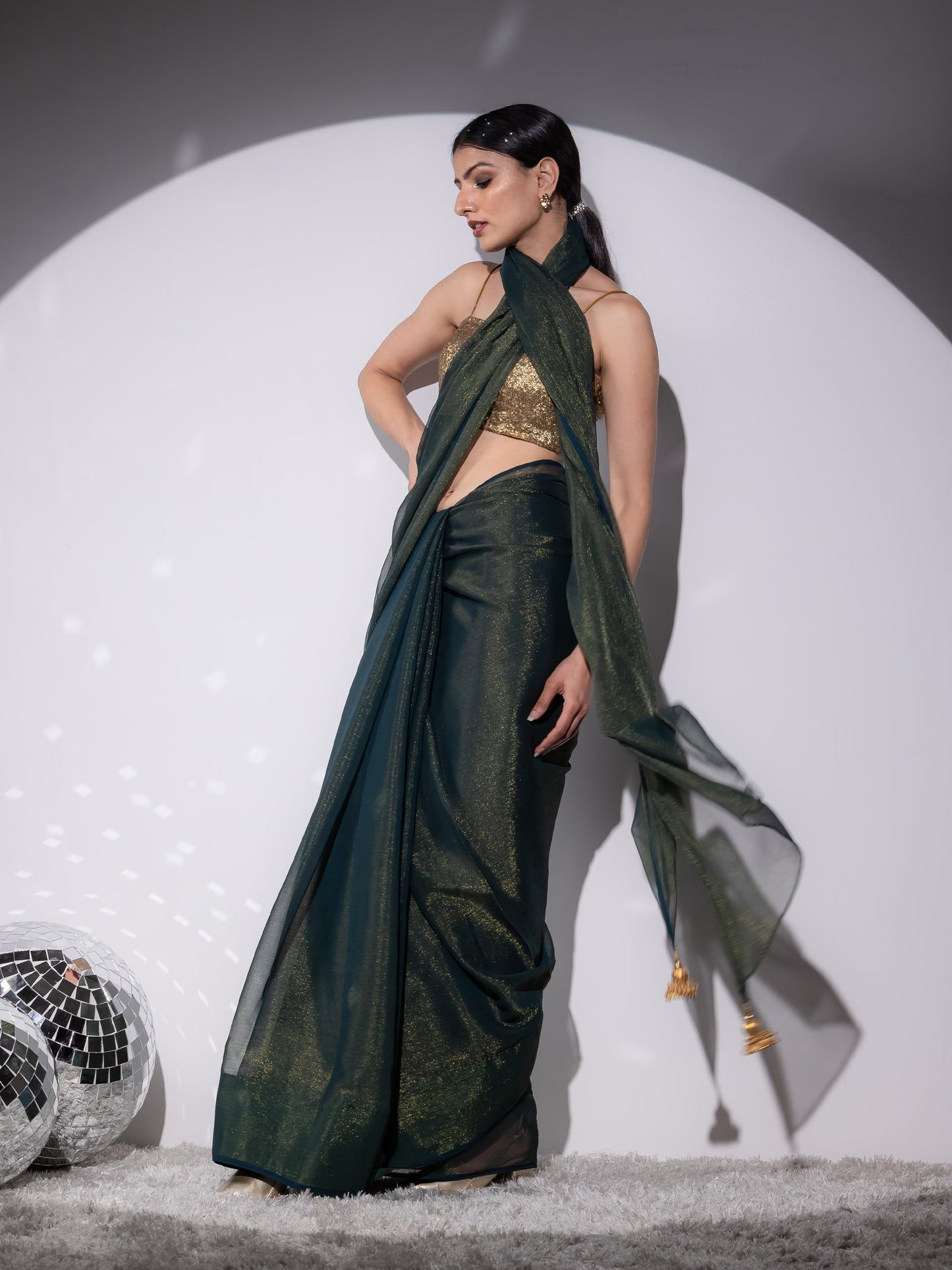 Dhiyona ST SET | Henna Shimmer & Shine Chiffon Saree with Gold Sequin Bustier - 2 Piece