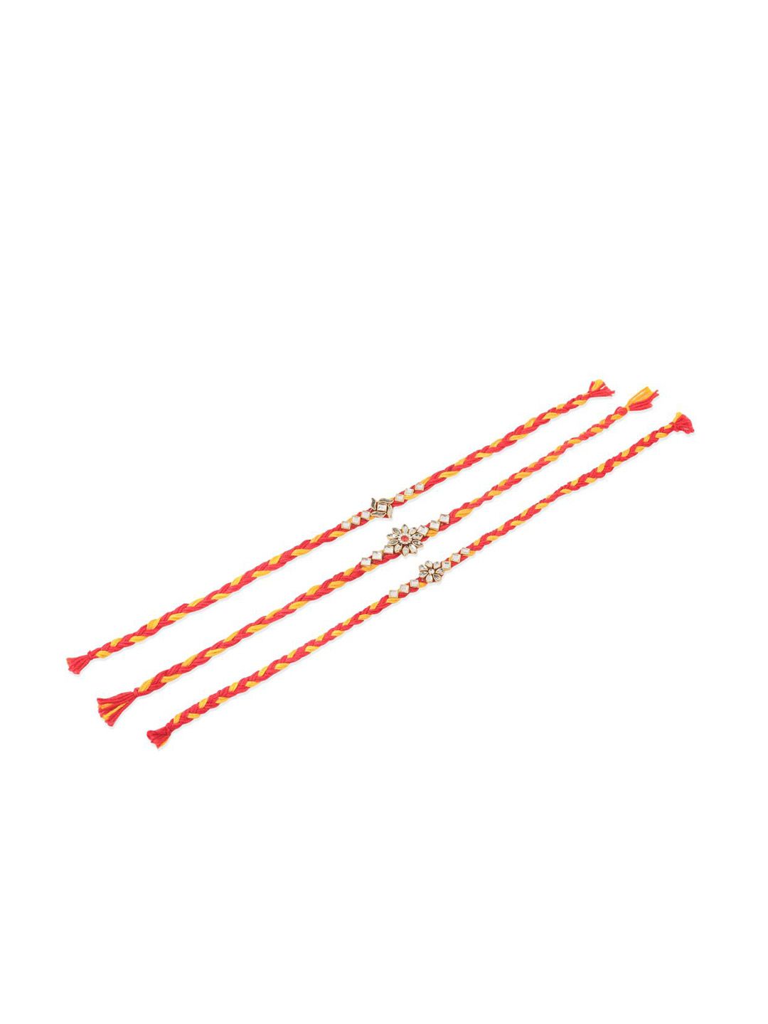 Dhiyona Set Of 3 Kundan Studded Floral Thread Rakhis With Roli Chawal Chandan & Mishri