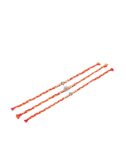 Dhiyona Set Of 3 Kundan Studded Floral Thread Rakhis With Roli Chawal Chandan & Mishri