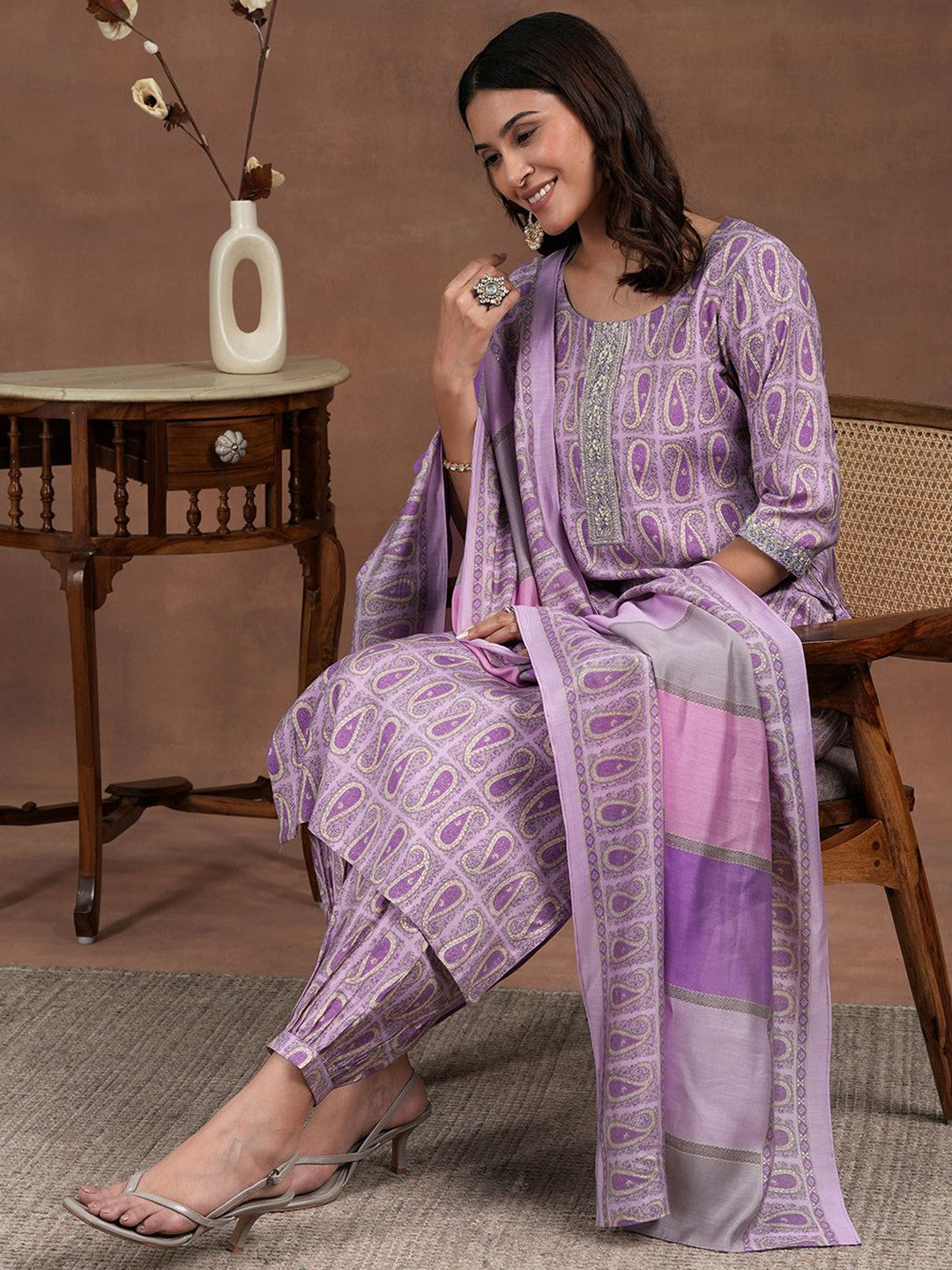 Paisley Printed Sequinned Straight Kurta With Salwar & Dupatta