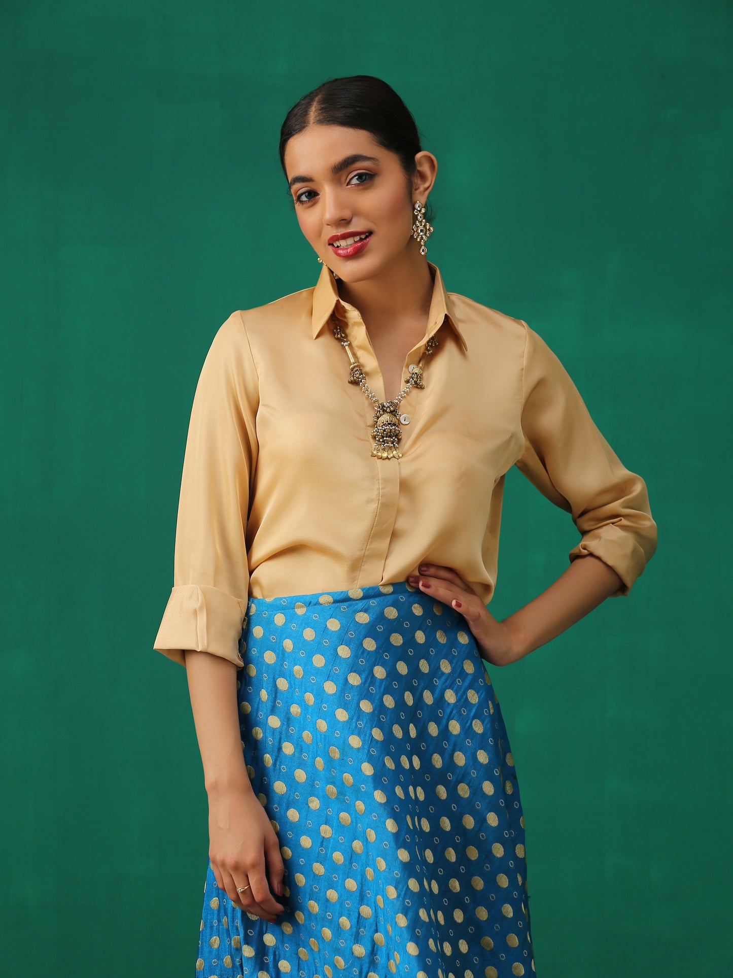 Dhiyona ST Nude Silky Shirt Blouse