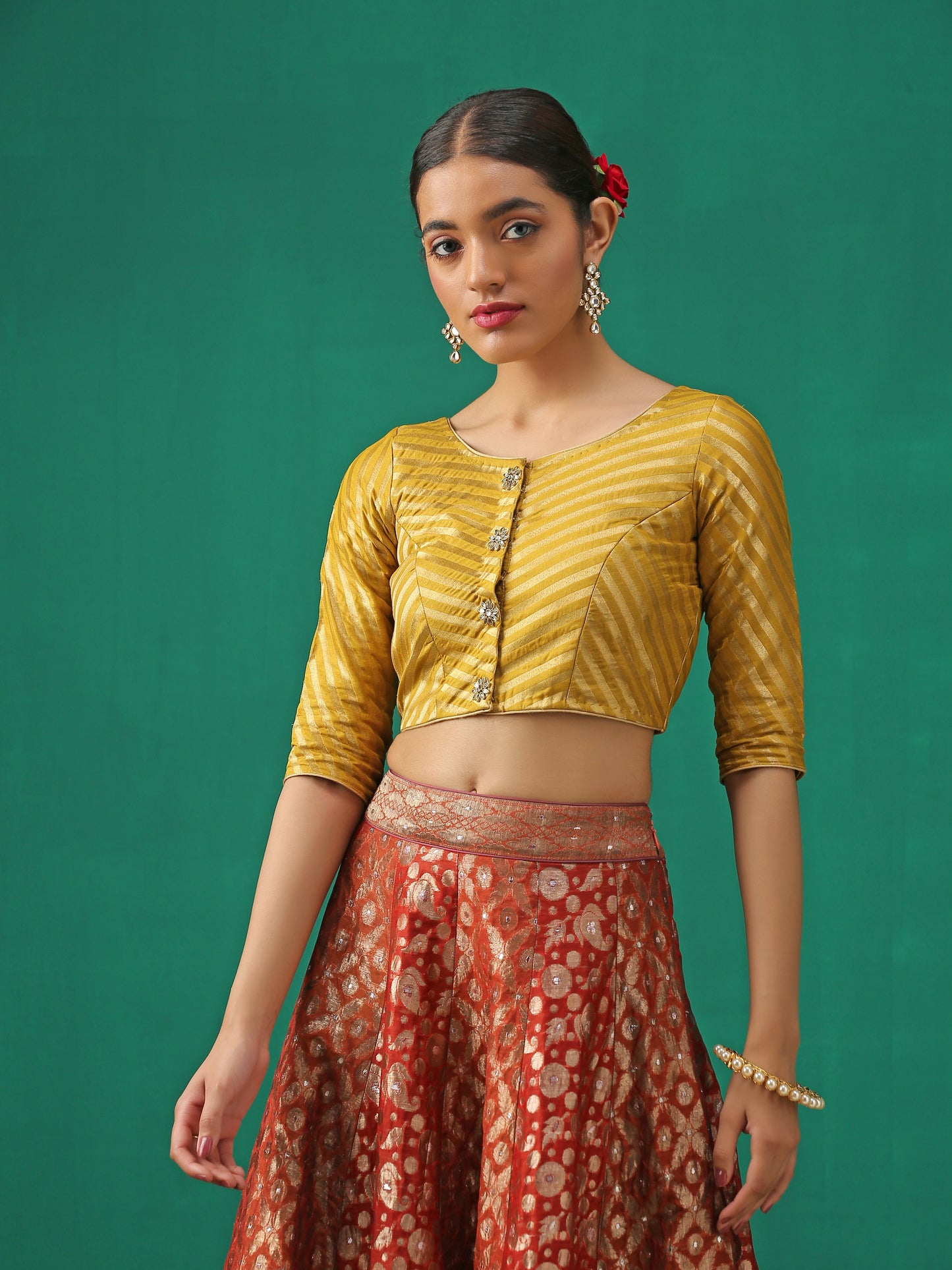 Dhiyona ST Mustard Kundan appliques Short Sleeve Blouse