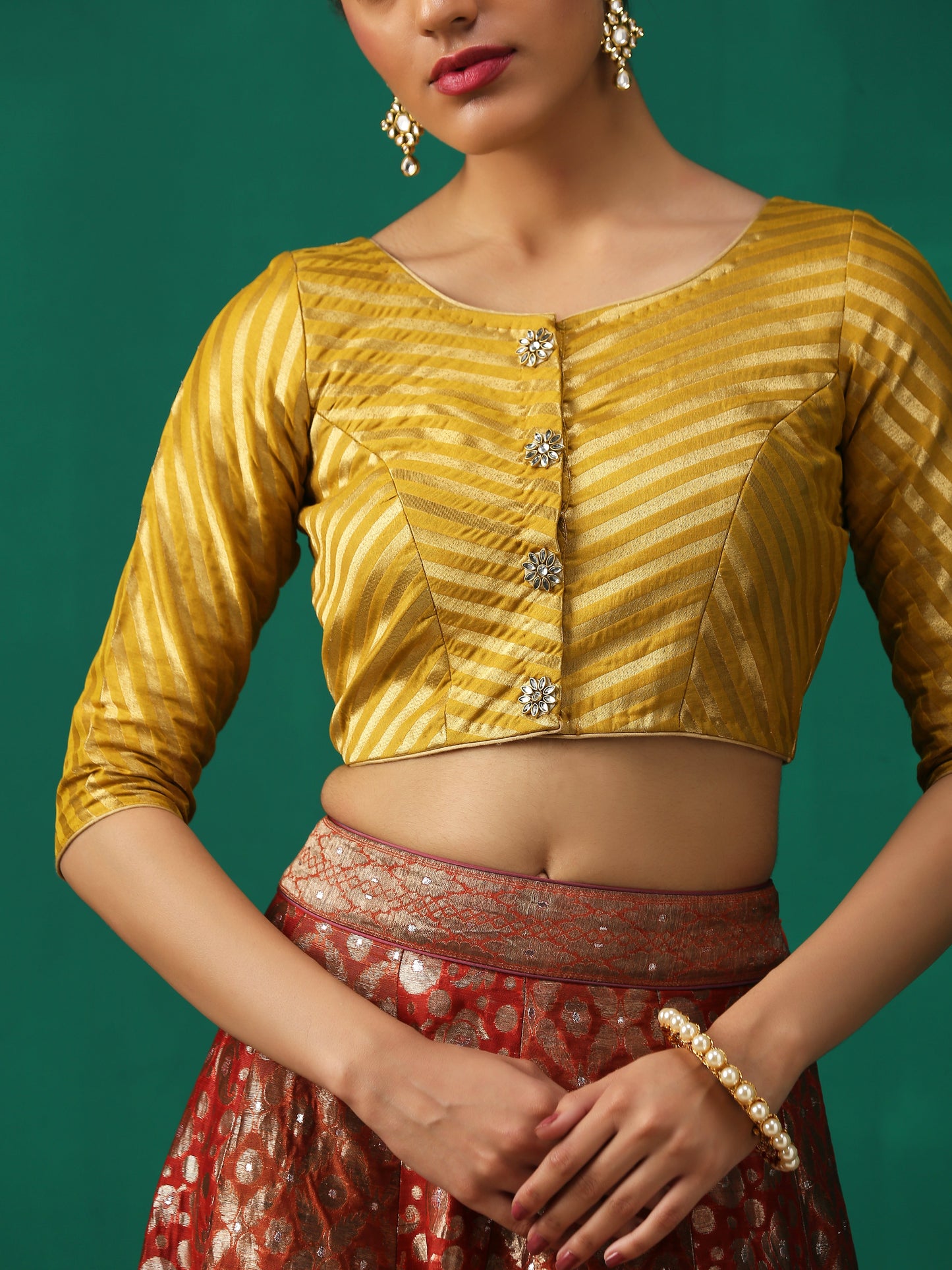 Dhiyona ST Mustard Kundan appliques Short Sleeve Blouse