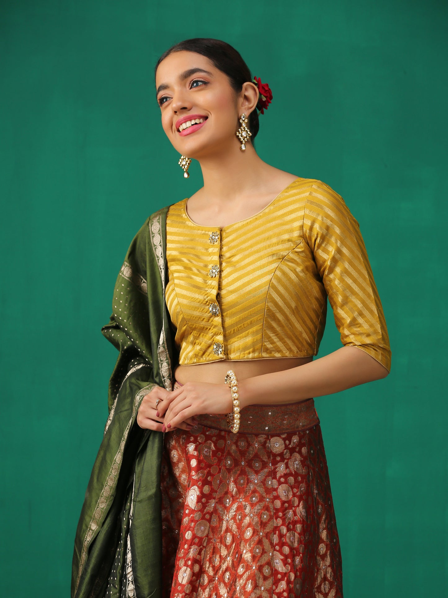 Dhiyona ST Mustard Kundan appliques Short Sleeve Blouse