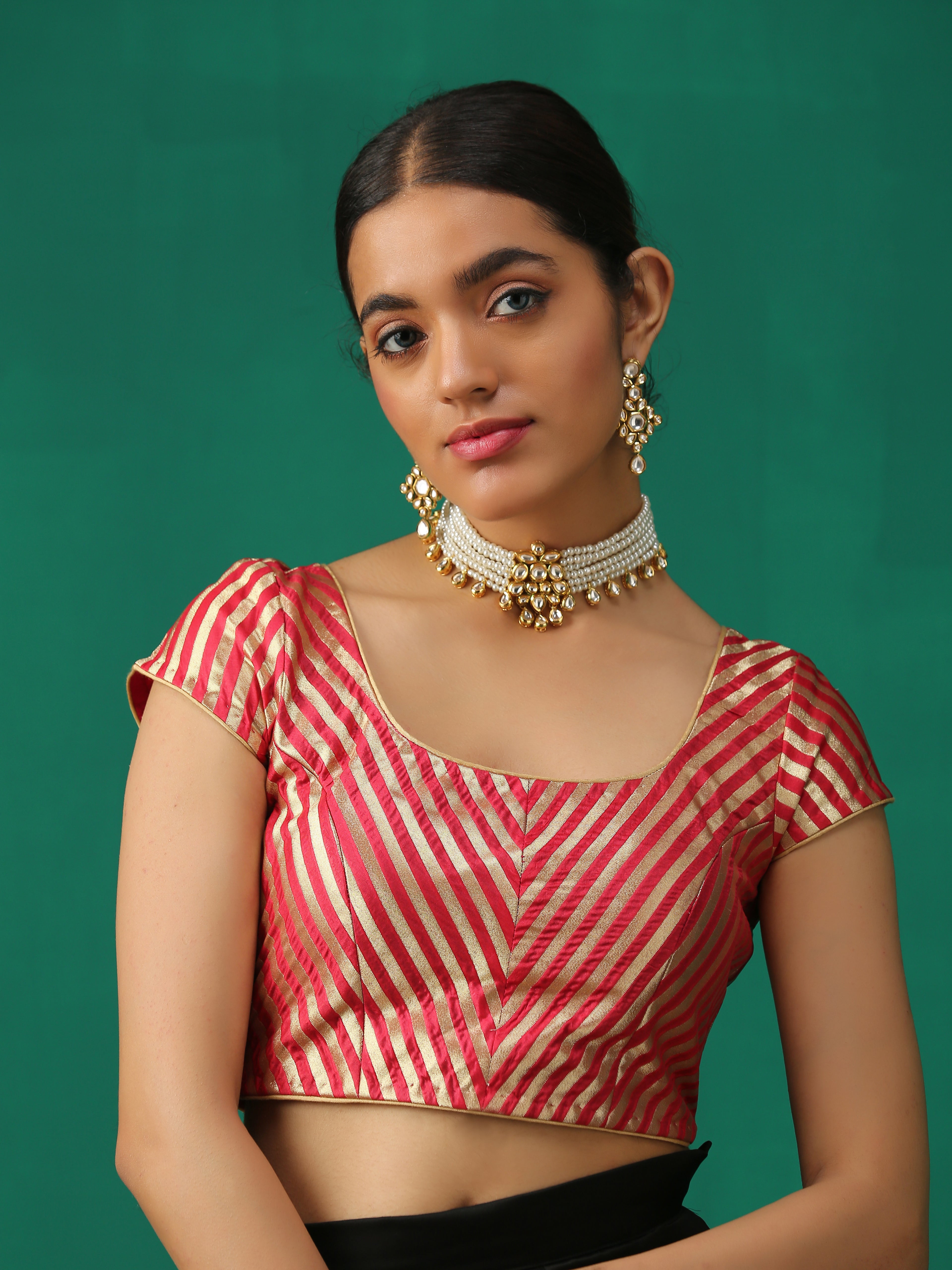 Dhiyona ST Royal Red Banarasi Diagonal Stripes Blouse