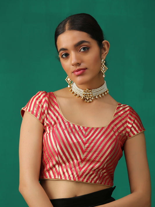 Dhiyona ST Royal Red Banarasi Diagonal Stripes Blouse
