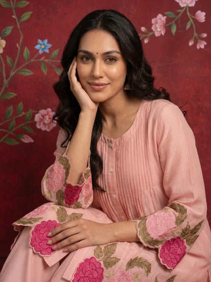 Women Floral Embroidered Pleated Thread Work Pure Silk Kurti with Trousers