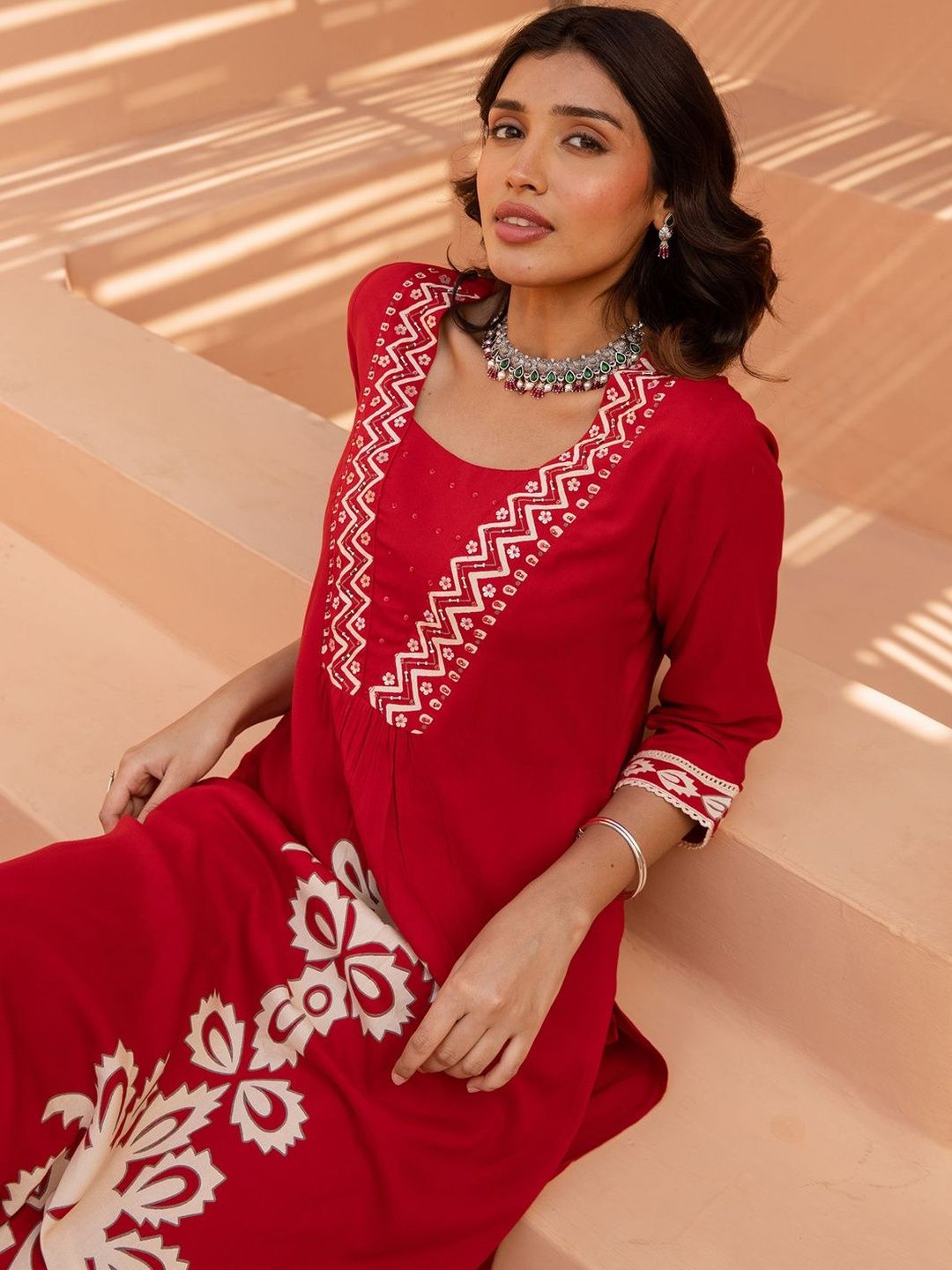 Dhiyona IE Women Ethnic Motifs Embroidered A-Line Kurta with Palazzos