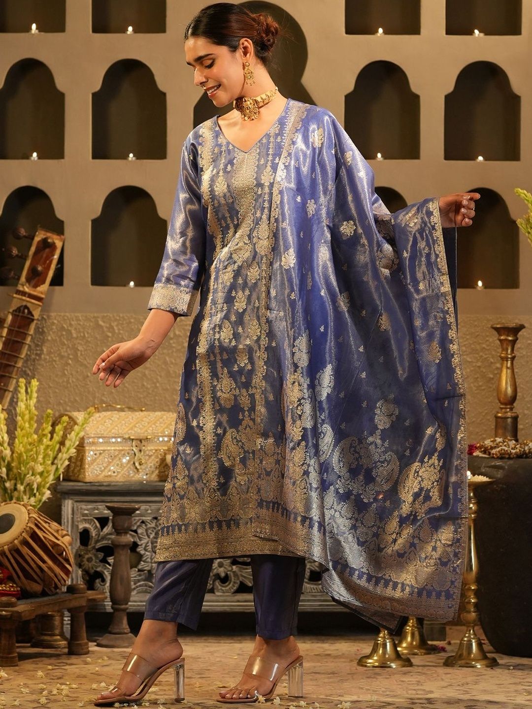 Dhiyona IE Ethnic Motifs Woven Design Zari Liva Kurta With Trousers & With Dupatta