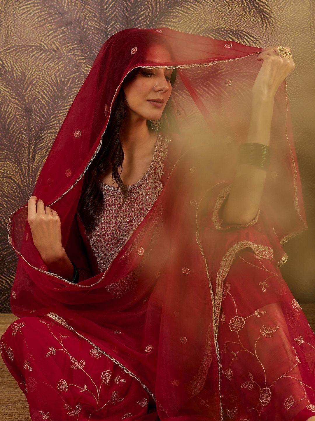 Dhiyona SN Women Ethnic Motifs Embroidered Knee Length Regular Kurta with Sharara & Dupatta