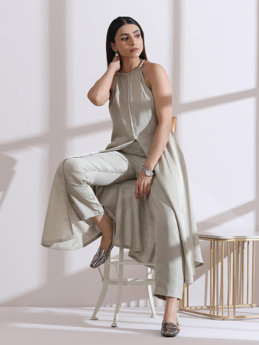 Dhiyona ST 2 Pc Set - Prf'T Lux Sage Pearl Halter Kurta With Pants
