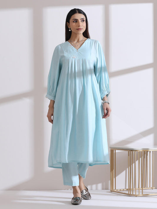 Dhiyona ST Women's Light Blue Kurta with Handstitched Pearls on Front and Back with Pants 2 Piece Set | A-Line, V Neck, 3/4 Sleeves, Workwear, Casual (AirSkin Cotton Silk Blend)
