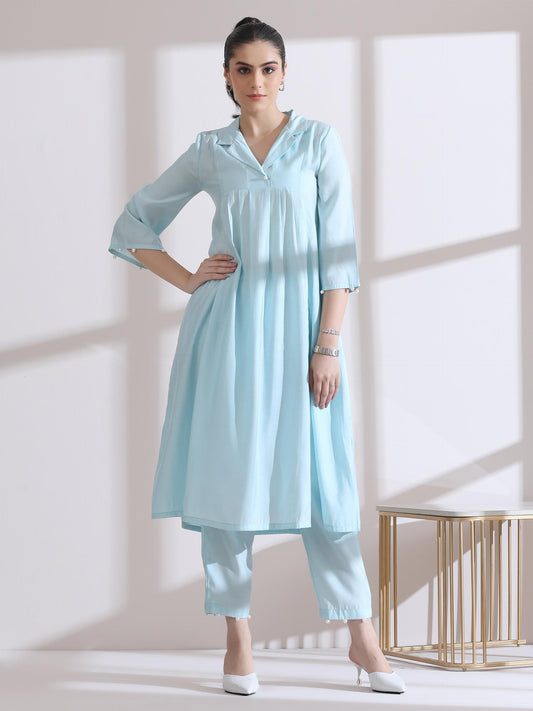 Dhiyona ST Women's Light Blue Collar Kurta with Pearls and Pants 2 Piece Set | Straight Fit, V Neck, 3/4 Sleeves, Work Wear, (AirSkin Cotton Silk Blend)