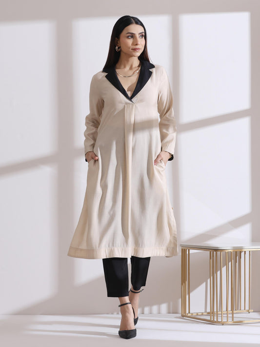 Dhiyona ST Women's Fawn Kurta with Black and Gold Point Collar and Pants 2 Piece Set | Straight Fit, V Neck, 3/4 Sleeves, Workwear, (AirSkin Cotton Silk Blend)