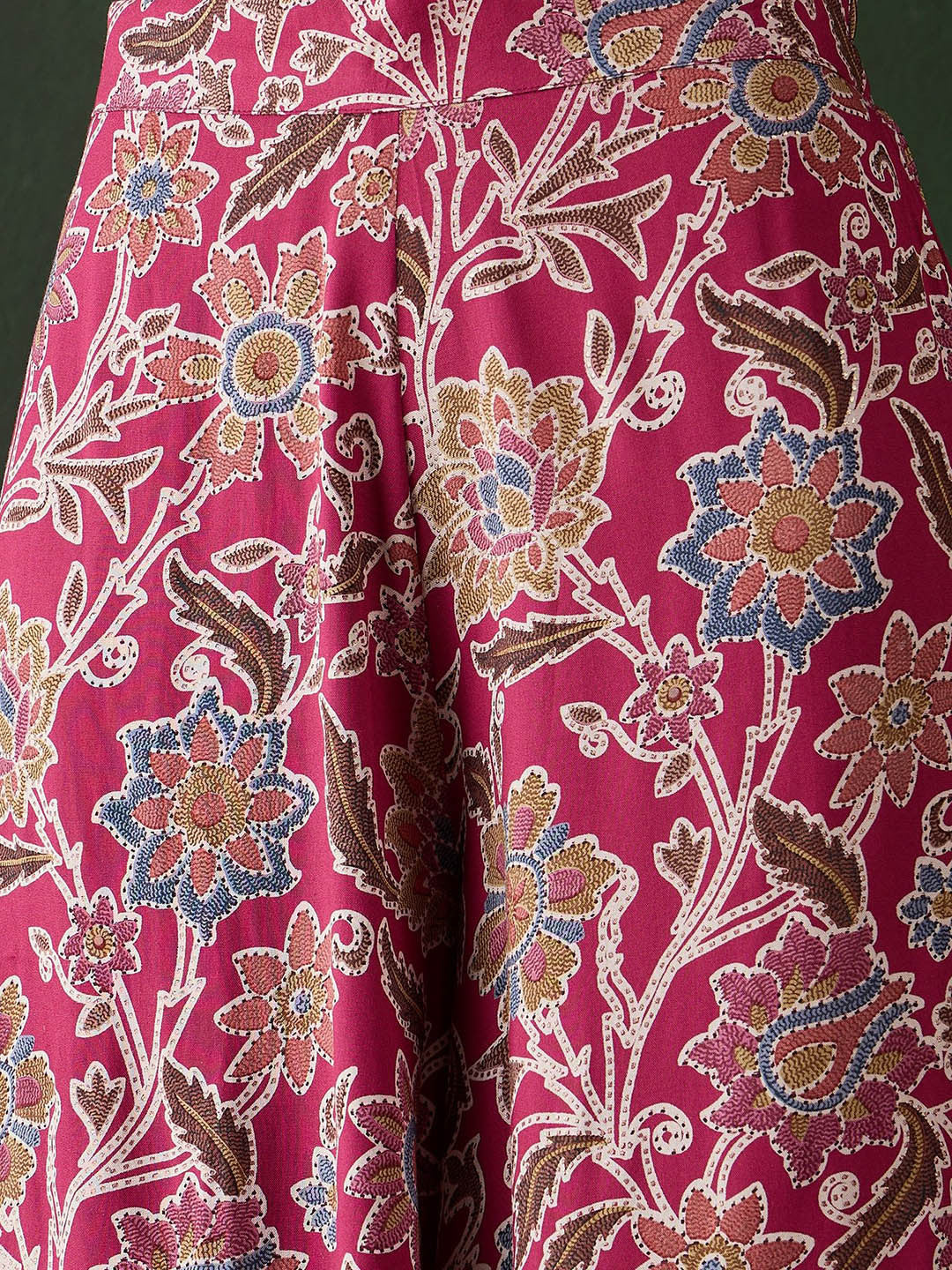 Burgundy Floral Printed Round Neck A-Line Kurta With Palazzos