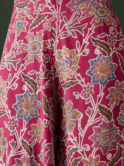 Burgundy Floral Printed Round Neck A-Line Kurta With Palazzos