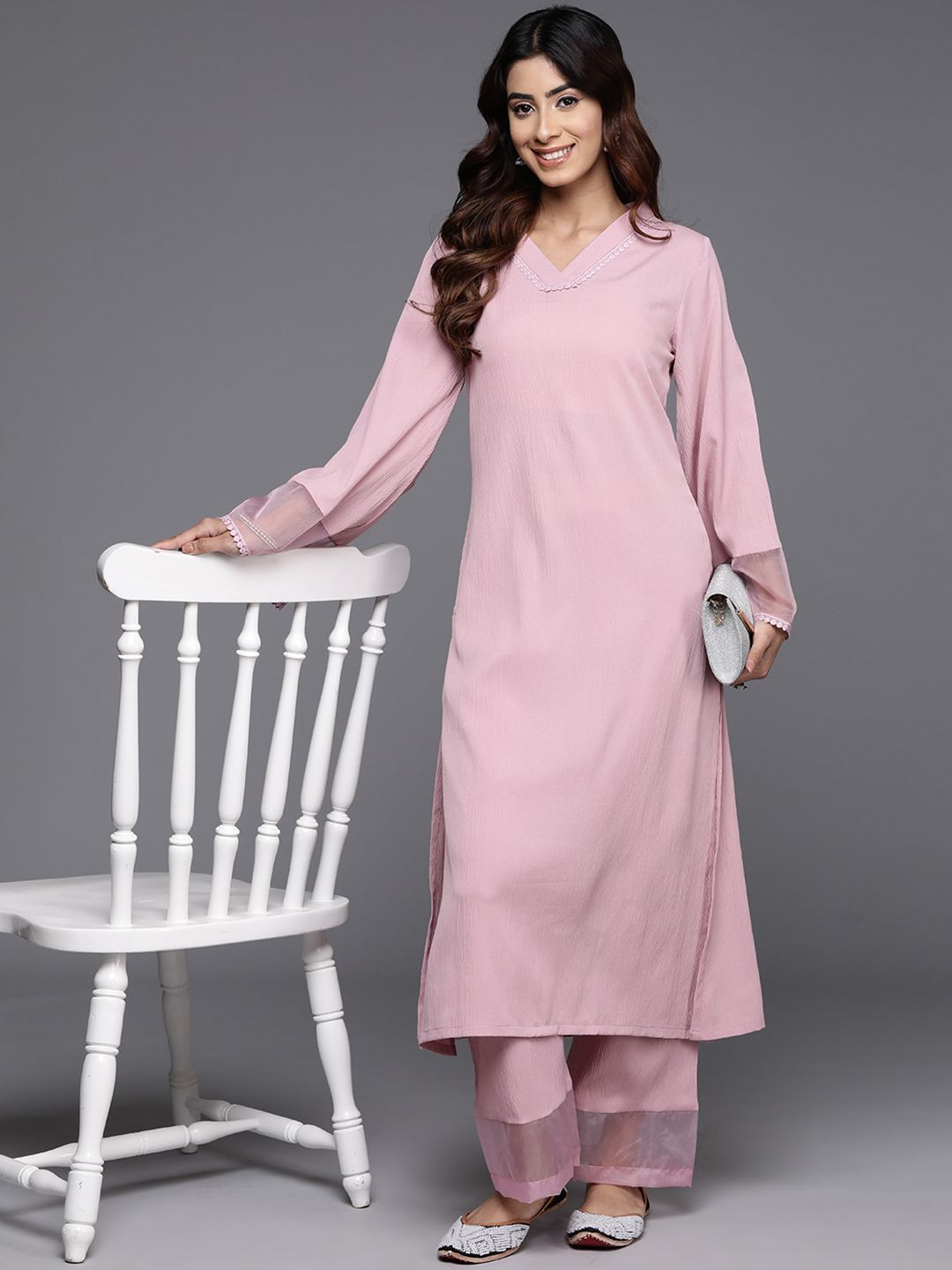 Pink Pink Flared Sleeve Organza detailed Solid Kurta & Palazzo
