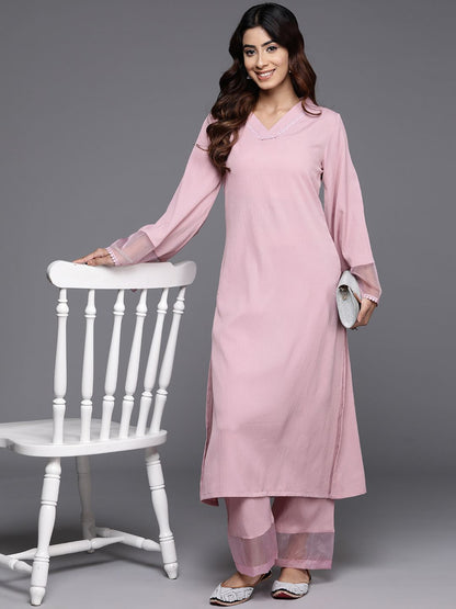 Pink Pink Flared Sleeve Organza detailed Solid Kurta & Palazzo