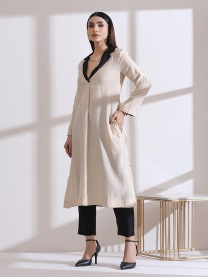 Dhiyona ST Women's Fawn Kurta with Black and Gold Point Collar and Pants 2 Piece Set | Straight Fit, V Neck, 3/4 Sleeves, Workwear, (AirSkin Cotton Silk Blend)