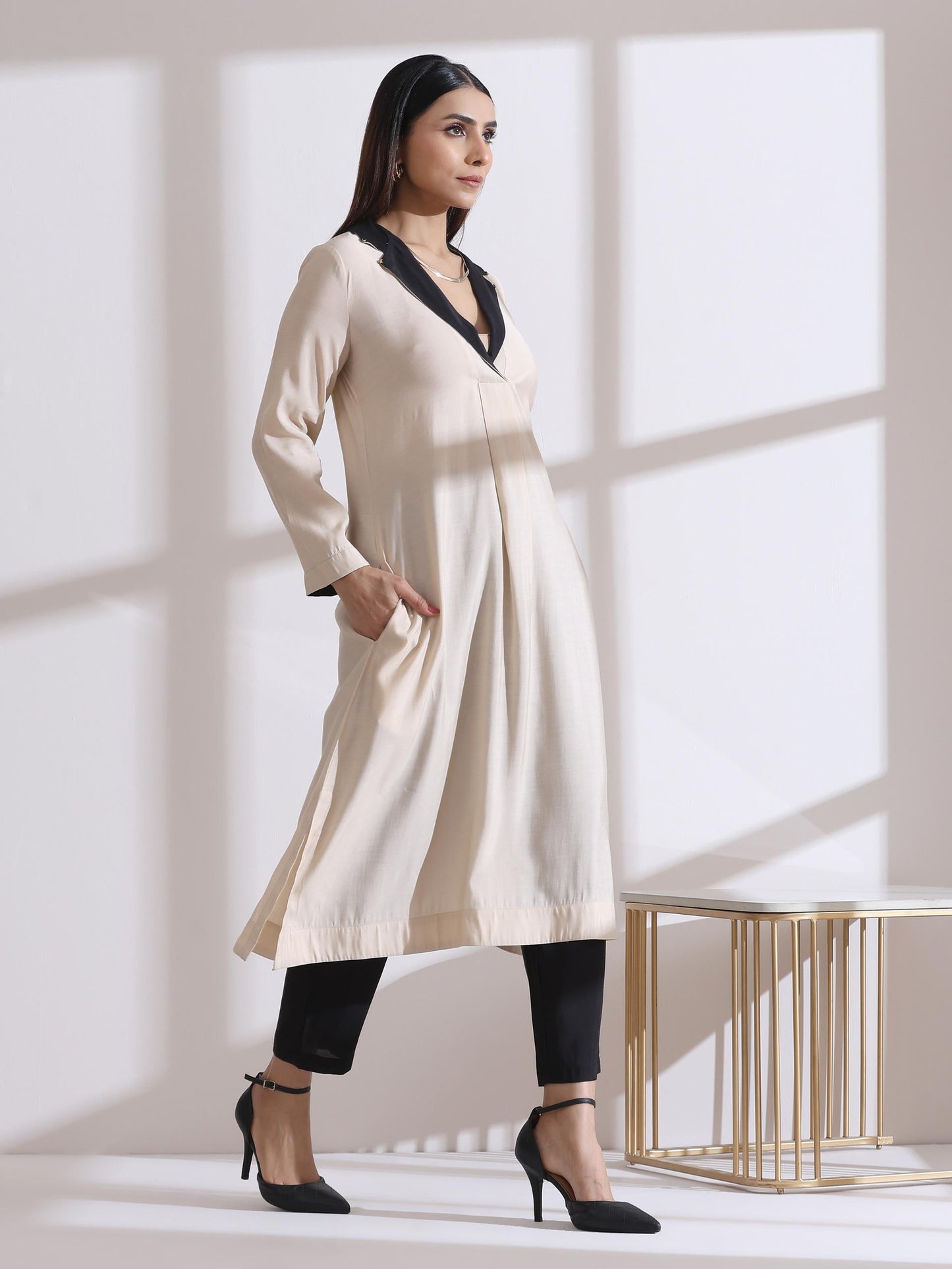 Dhiyona ST Women's Fawn Kurta with Black and Gold Point Collar and Pants 2 Piece Set | Straight Fit, V Neck, 3/4 Sleeves, Workwear, (AirSkin Cotton Silk Blend)