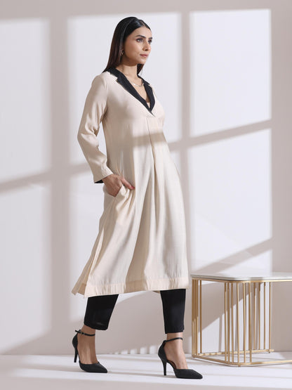 Dhiyona ST Women's Fawn Kurta with Black and Gold Point Collar and Pants 2 Piece Set | Straight Fit, V Neck, 3/4 Sleeves, Workwear, (AirSkin Cotton Silk Blend)