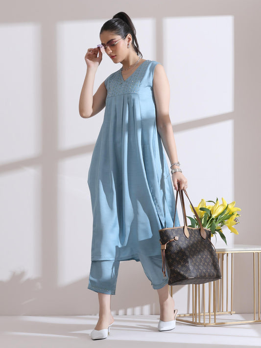 Dhiyona ST 2 Pc Set - Prf'T Lux Blue Hand Stitched Yoke Sleeveless Kurta With Pants