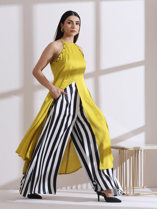 Dhiyona ST Women's Yellow Beaded Halter Sleeveless Kurta with Printed Satin Palazzo 2 Piece Set | Straight Fit, Halter Neck, Sleeveless, Partywear, (Lux Fabric)