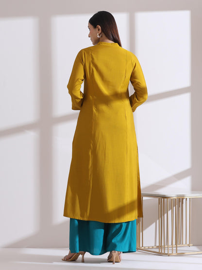 Dhiyona ST Women's Mustard Long Opening Kurta with Beads and Blue Pants 2 Piece Set | A-Line, Round Neck, 3/4 Sleeves, Partywear, (AirSkin Cotton Silk Blend)