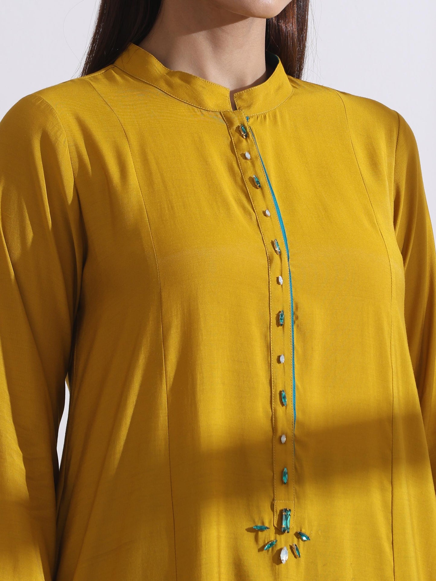 Dhiyona ST Women's Mustard Long Opening Kurta with Beads and Blue Pants 2 Piece Set | A-Line, Round Neck, 3/4 Sleeves, Partywear, (AirSkin Cotton Silk Blend)