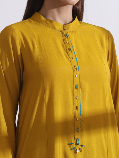 Dhiyona ST Women's Mustard Long Opening Kurta with Beads and Blue Pants 2 Piece Set | A-Line, Round Neck, 3/4 Sleeves, Partywear, (AirSkin Cotton Silk Blend)