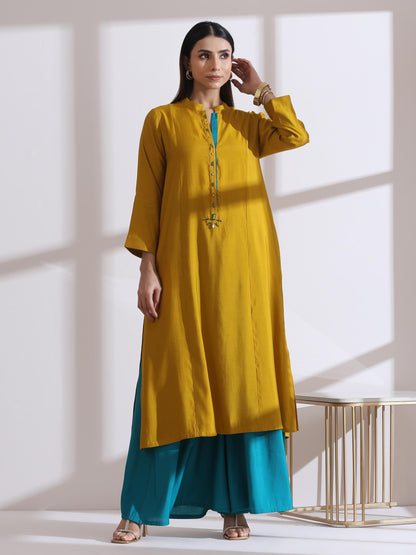 Dhiyona ST Women's Mustard Long Opening Kurta with Beads and Blue Pants 2 Piece Set | A-Line, Round Neck, 3/4 Sleeves, Partywear, (AirSkin Cotton Silk Blend)