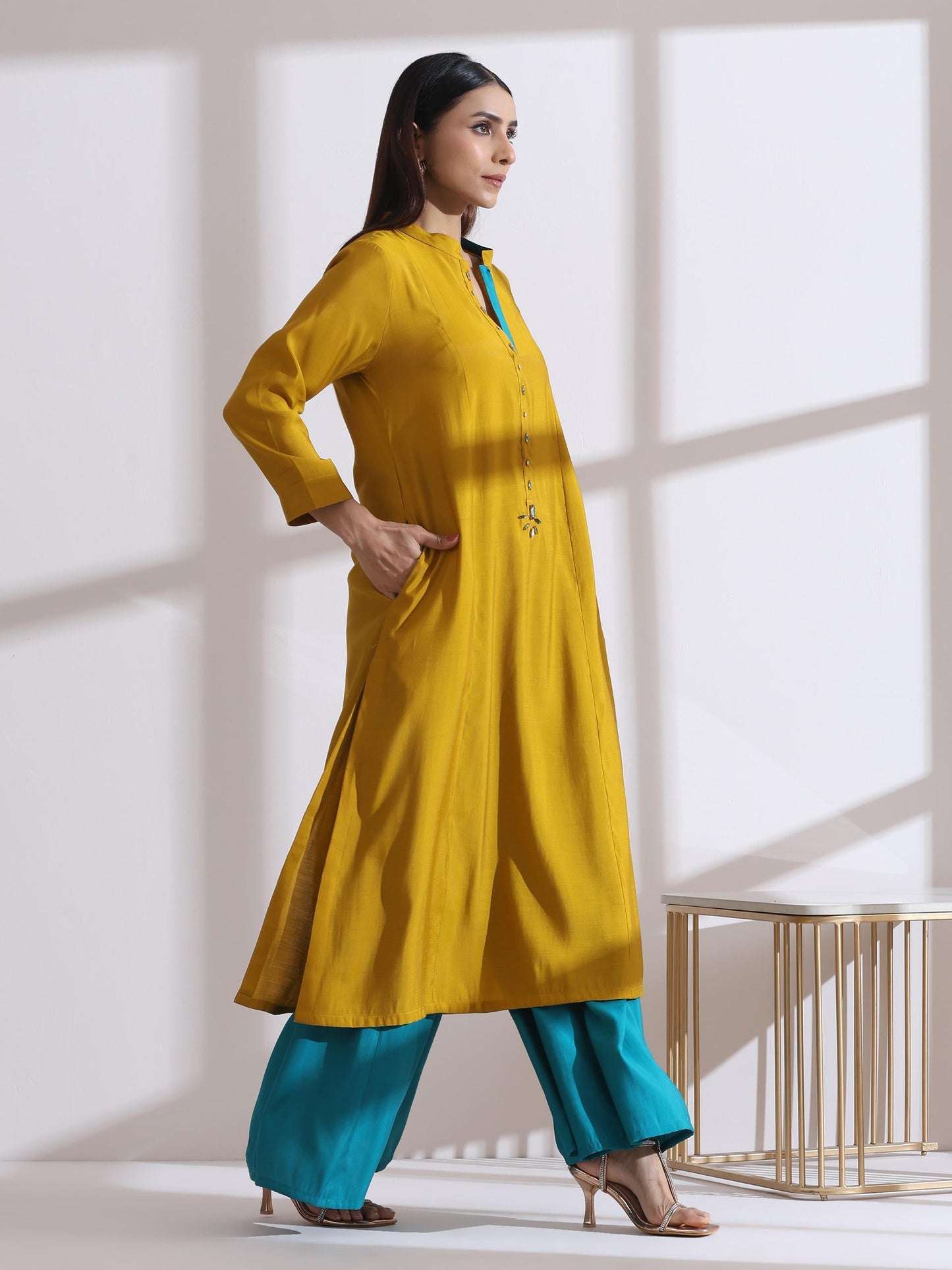 Dhiyona ST Women's Mustard Long Opening Kurta with Beads and Blue Pants 2 Piece Set | A-Line, Round Neck, 3/4 Sleeves, Partywear, (AirSkin Cotton Silk Blend)
