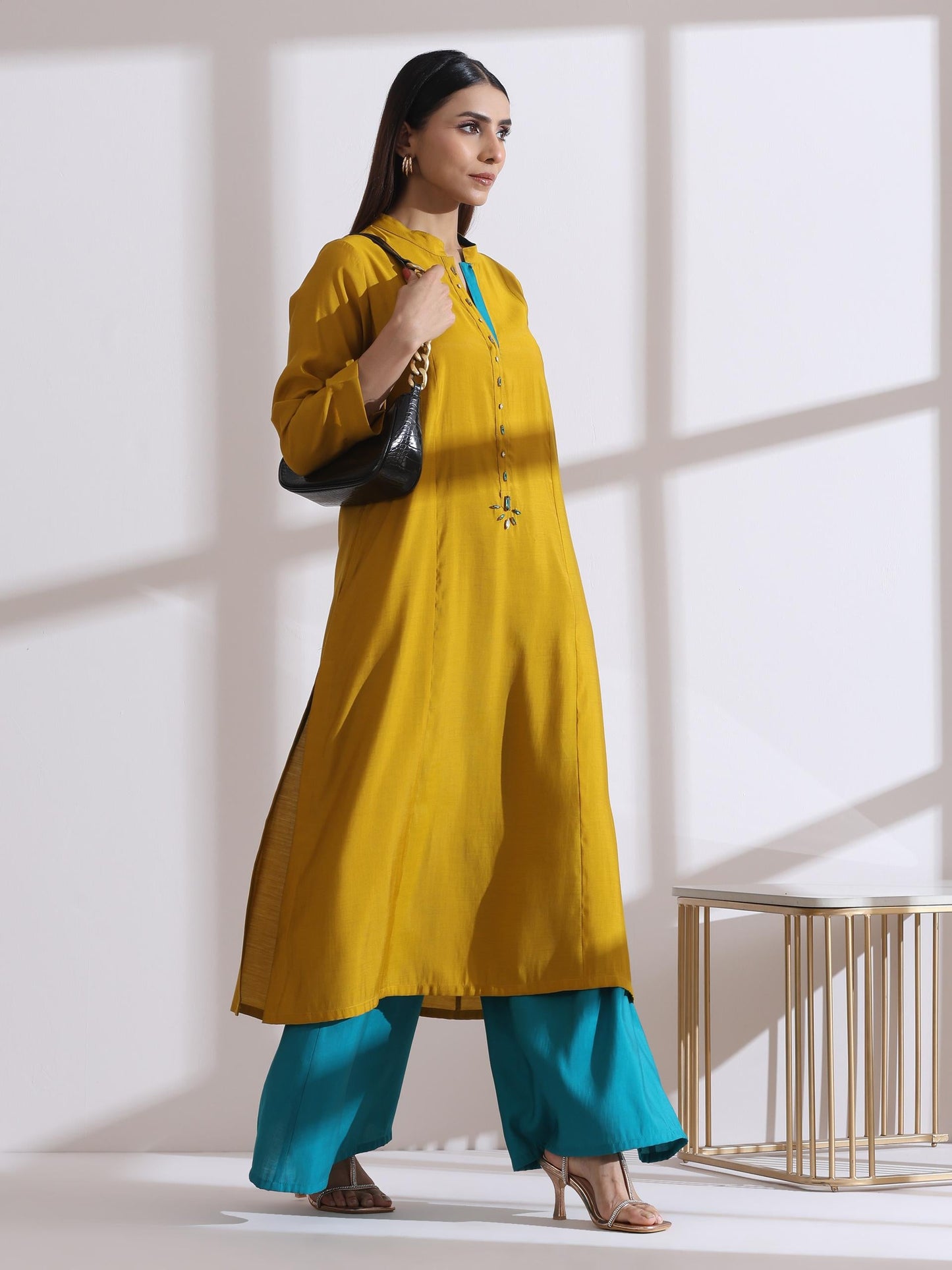 Dhiyona ST Women's Mustard Long Opening Kurta with Beads and Blue Pants 2 Piece Set | A-Line, Round Neck, 3/4 Sleeves, Partywear, (AirSkin Cotton Silk Blend)