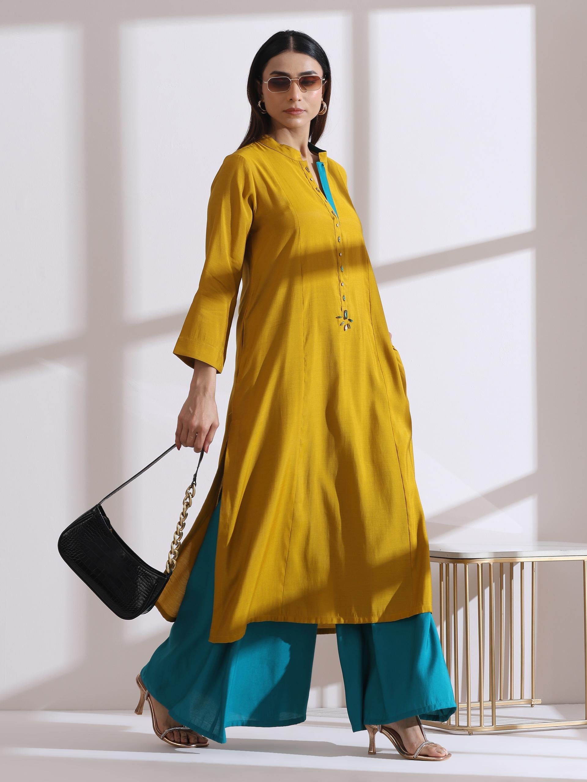 Dhiyona ST Women's Mustard Long Opening Kurta with Beads and Blue Pants 2 Piece Set | A-Line, Round Neck, 3/4 Sleeves, Partywear, (AirSkin Cotton Silk Blend)