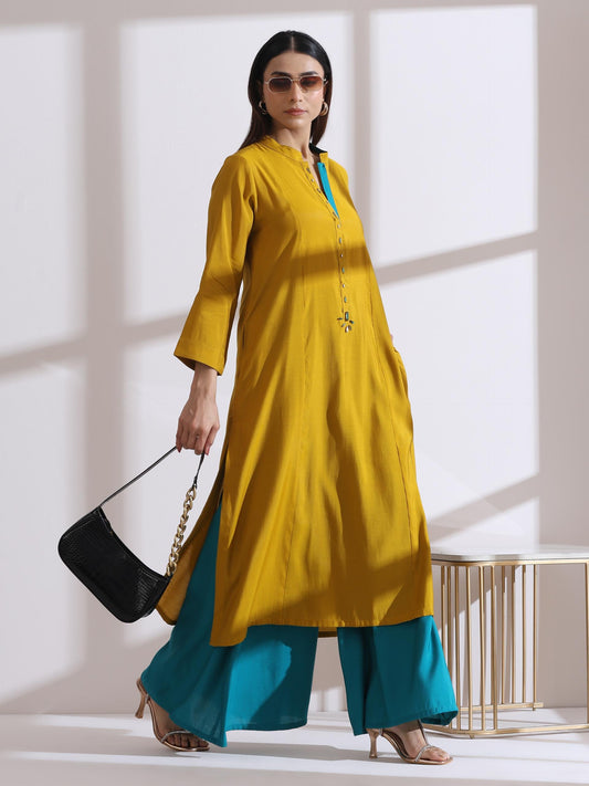 Dhiyona ST Women's Mustard Long Opening Kurta with Beads and Blue Pants 2 Piece Set | A-Line, Round Neck, 3/4 Sleeves, Partywear, (AirSkin Cotton Silk Blend)